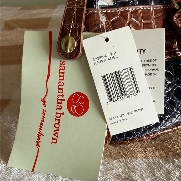 Samantha Brown insulated Wine Purse! Navy and Brown Croc-Embossed w/ wine opener - Picture 2 of 5